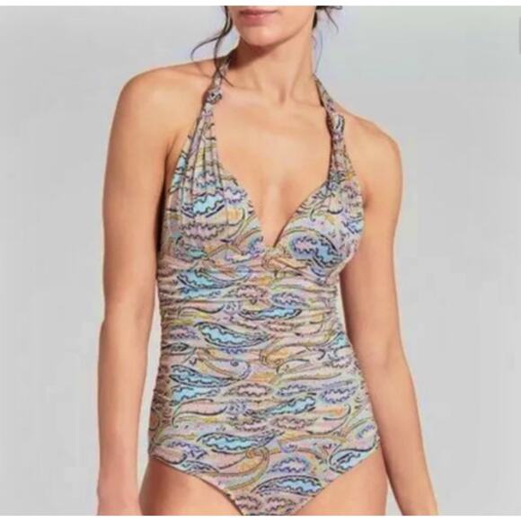 Athleta Swimsuit Womens Medium Aqualuxe Paisley Halter One Piece Resort Travel - Picture 1 of 11